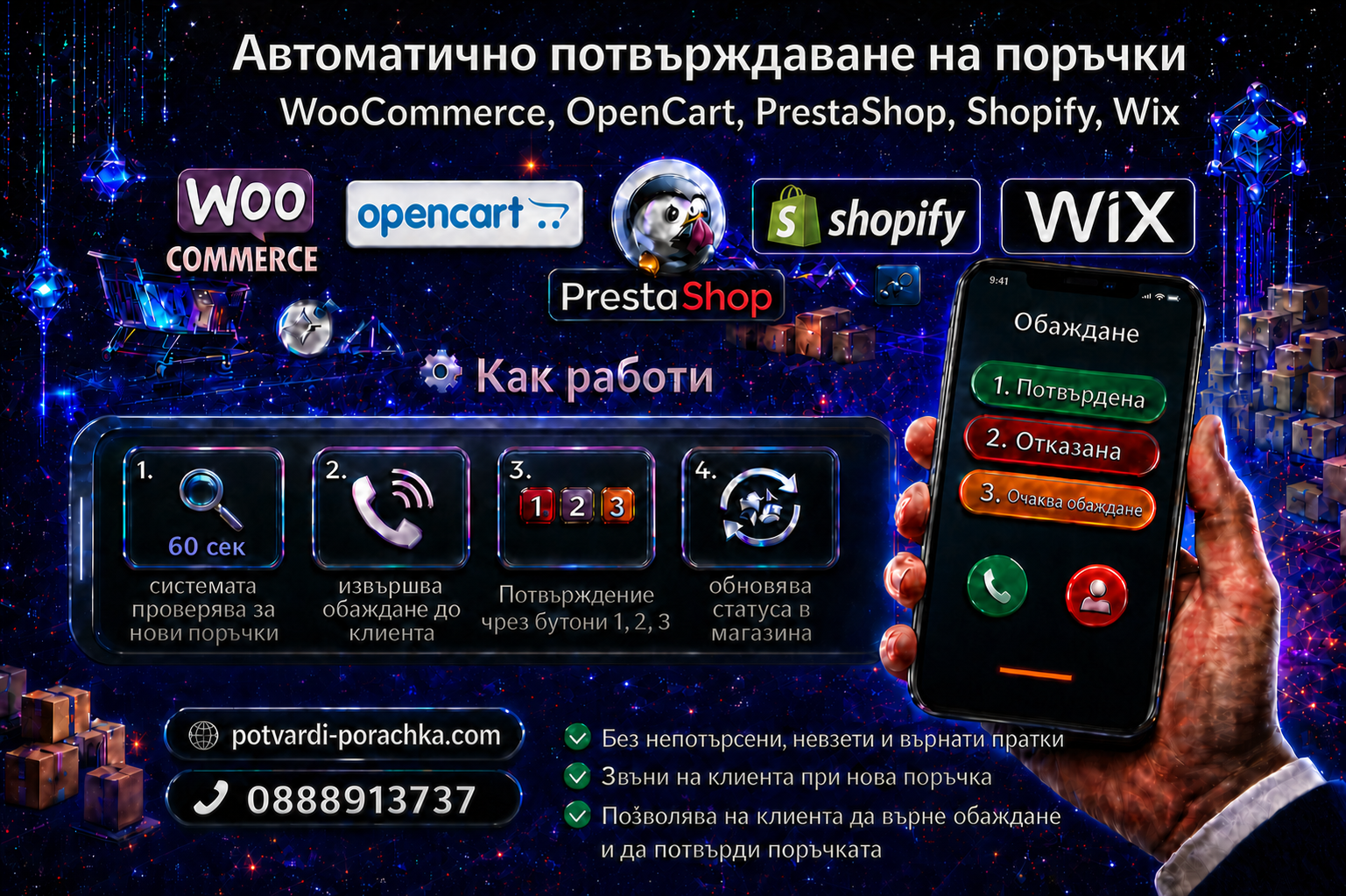 Автоматично потвърждаване на поръчки за WooCommerce, OpenCart, PrestaShop, Shopify, Wix — обаждане до клиента и автоматична смяна на статуса на поръчката